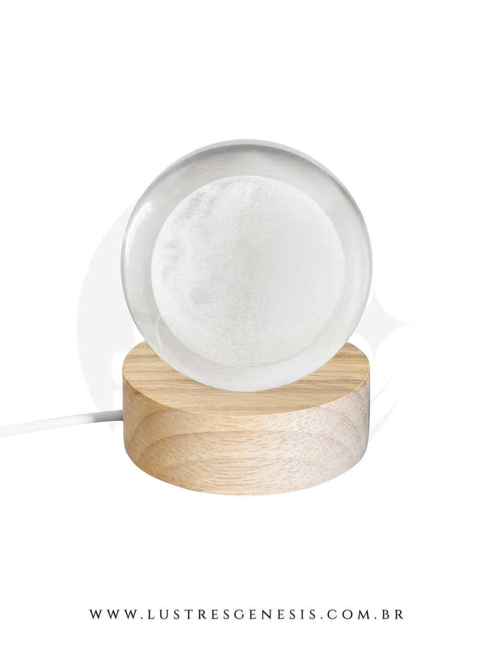 Abajur de Madeira e Cristal Lua 3D USB